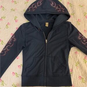 Navy zip up jacket with rhinestone designs